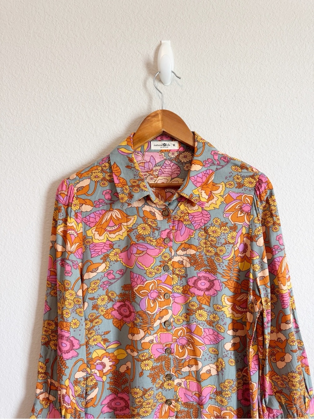 Natural Life Twiggy Retro Floral Print Mini Shirt Dress Size Medium - Picture 2 of 8